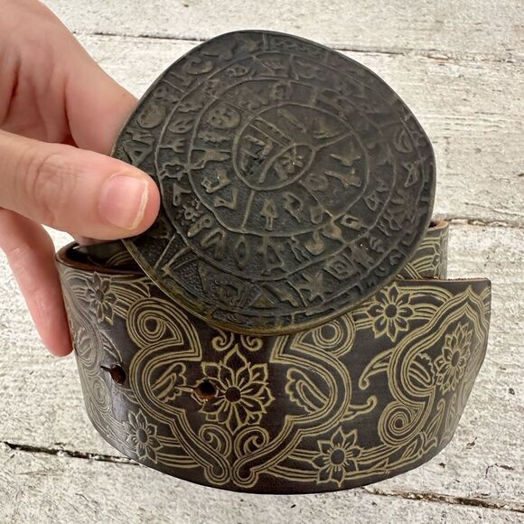 Vintage Italian Made Embossed Leather Belt With Mayan Aztec Buckle - Picture 1 of 9